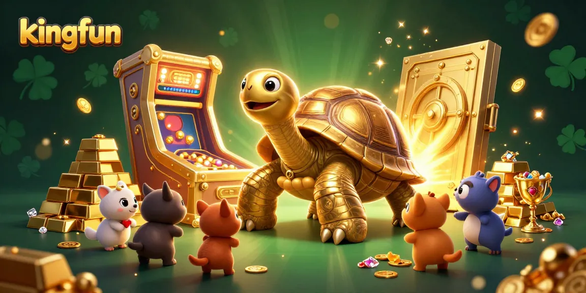 Engaging gameplay at kingfun with a giant tortoise pinball machine, sparkling treasures, and eager players ready to join.