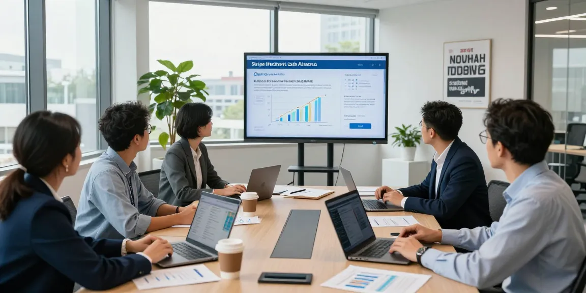 Engaging team discussion on Stripe merchant cash advance strategies in a modern financial office