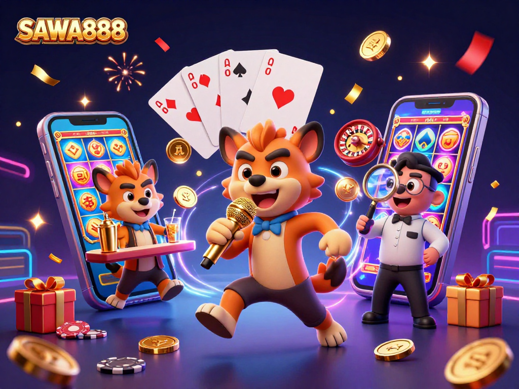 SAWA888 engaging in vibrant slots gameplay, featuring lively hyenas in a 3D casino illustration