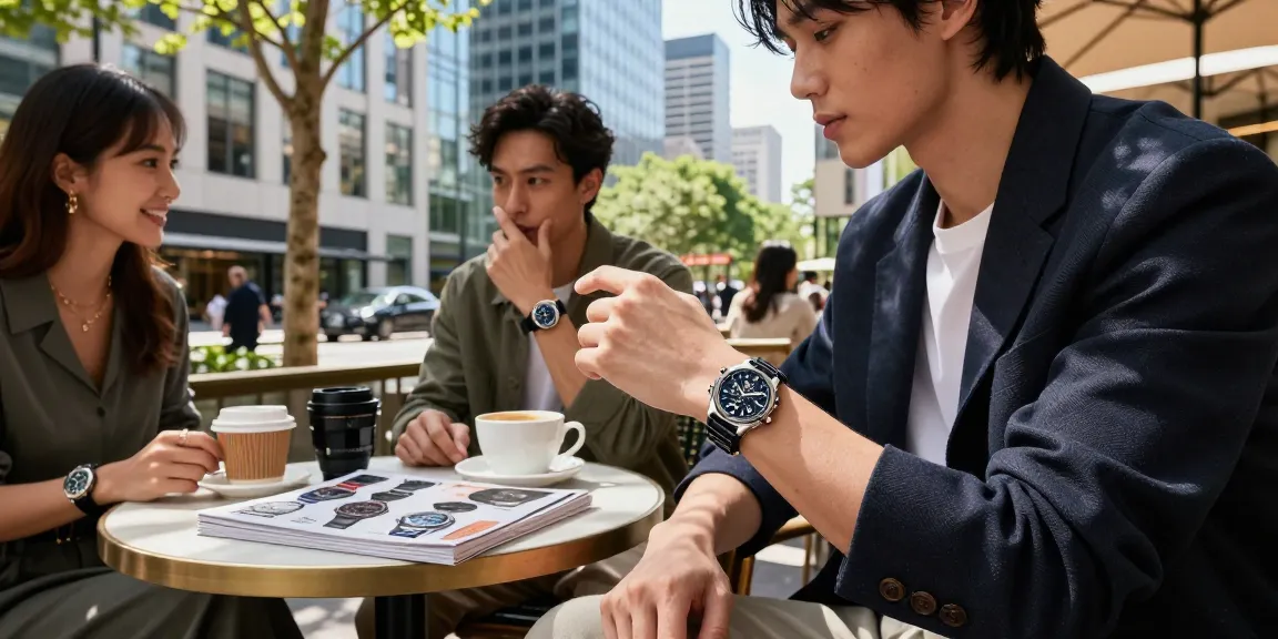 Stylish individual showcasing premium super clone watches at a chic cafe.