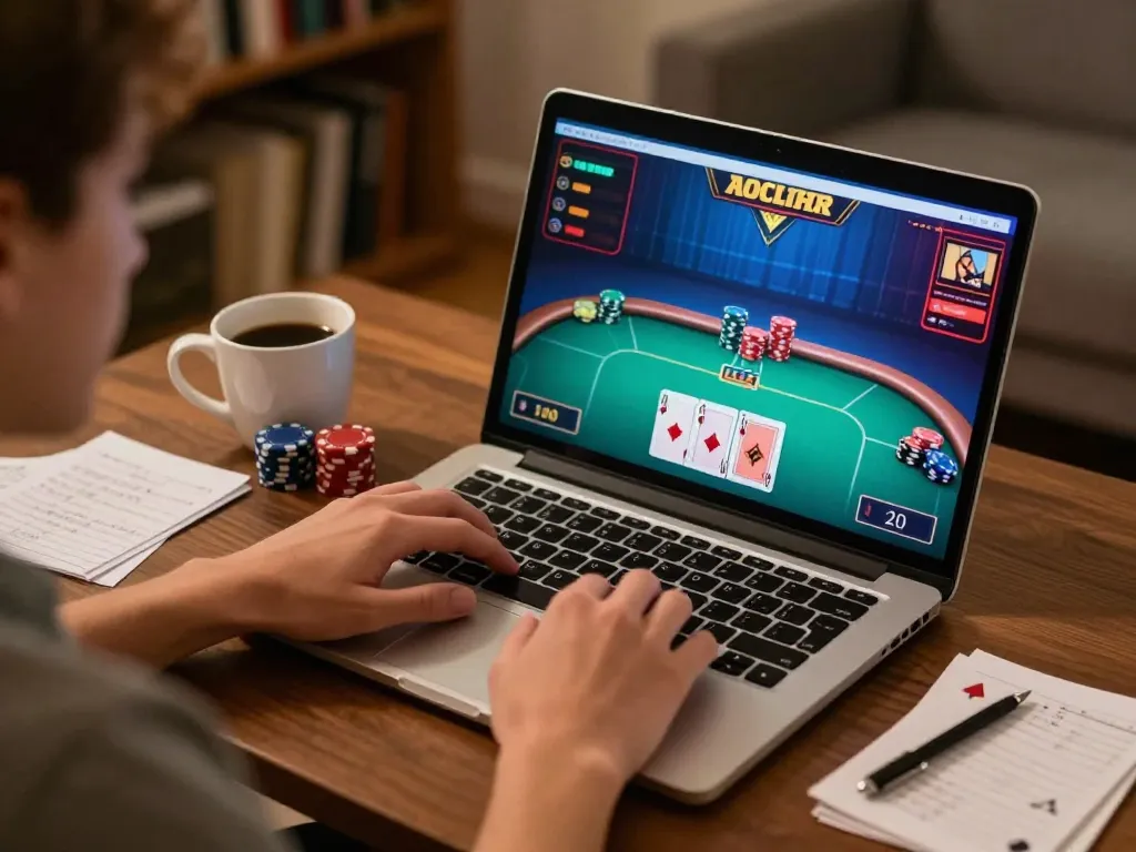 Player immersed in an online poker game on their laptop, strategy notes visible, showcasing the excitement of 888VI gaming.