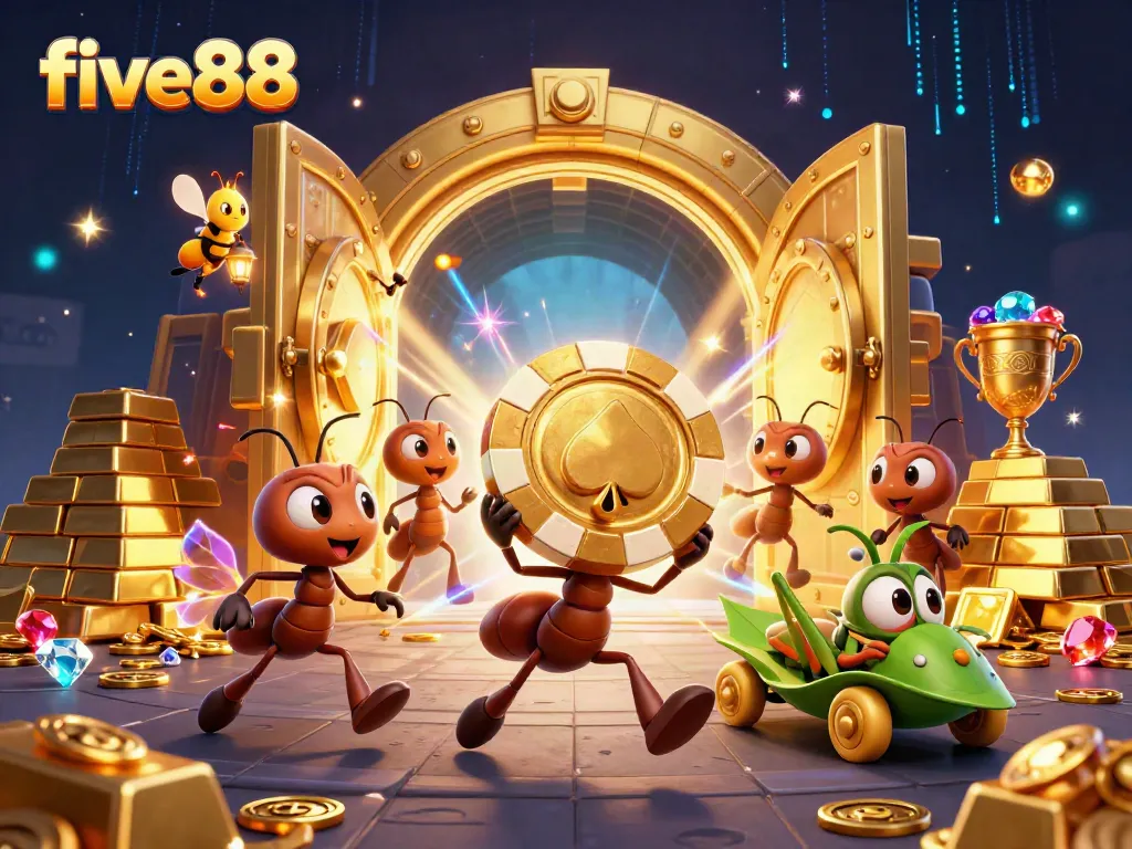 Experience winning moments with five88 as fearless ants carry off giant poker chips in a dazzling heist.