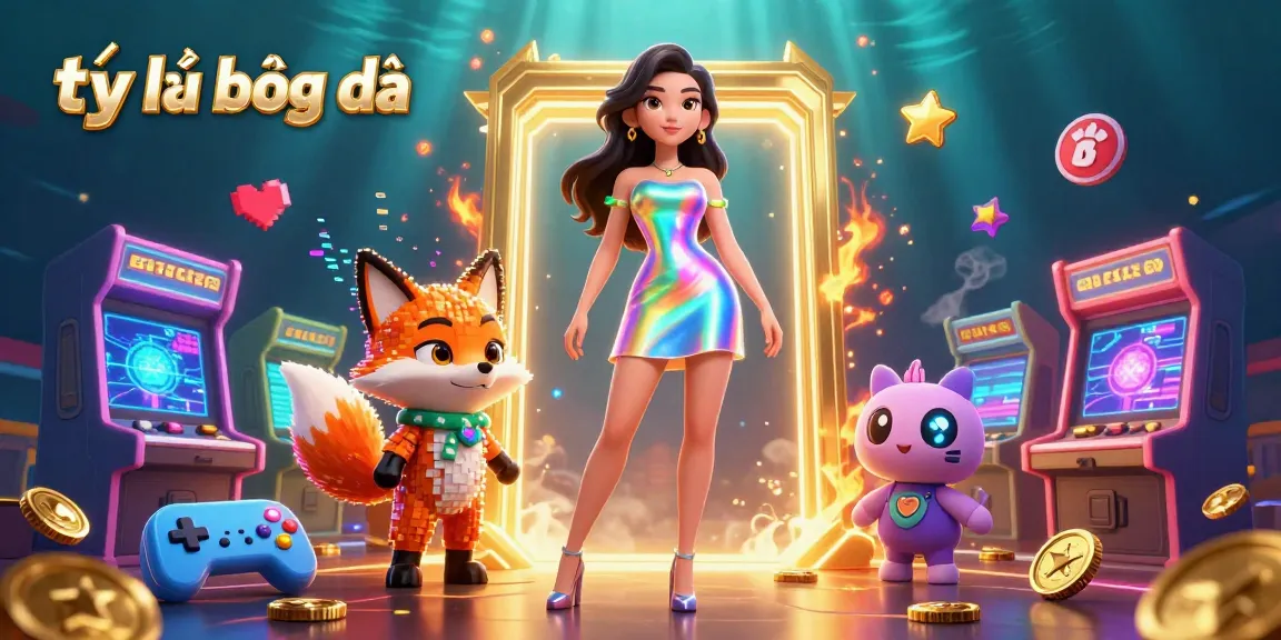 Bet on tỷ lệ bóng đá with a vibrant 3D scene showcasing dynamic gaming elements and a dazzling character.