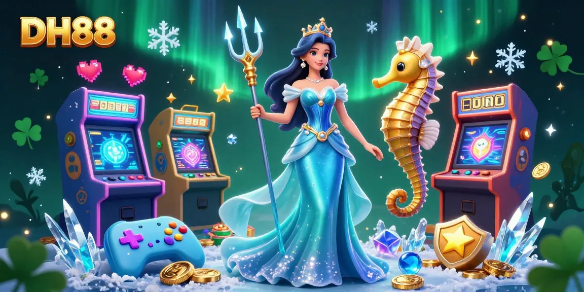 Jointly experiencing casino thrills with DH88, a woman in an ocean-blue gown and a seahorse king.