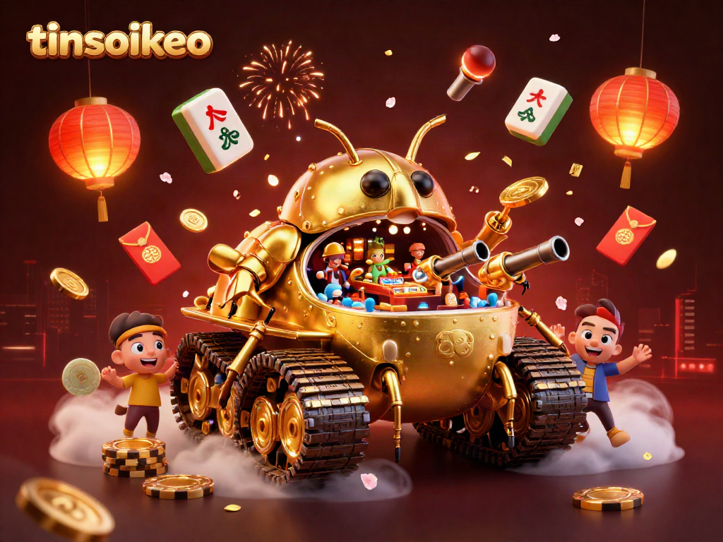Experience thrilling bets at tinsoikeo's miniature casino inside a golden beetle tank, launching coins and celebrations.