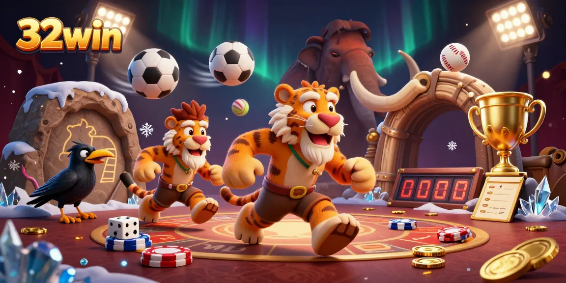 Experience the excitement of 32win with a dynamic prehistoric casino scene featuring unique characters and game elements.