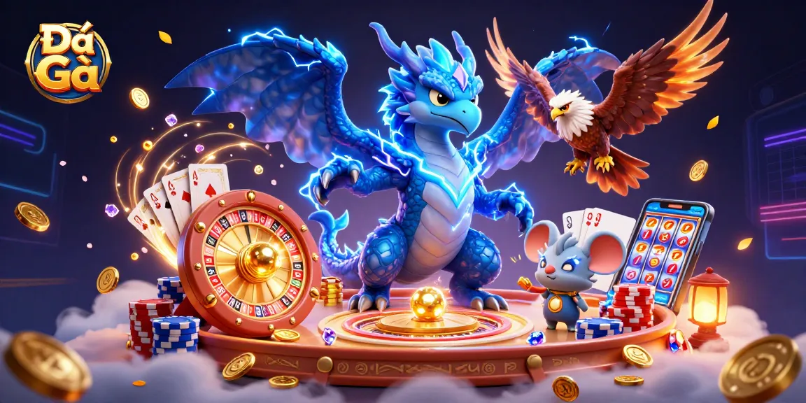Engage with Đá Gà cockfighting arena featuring vibrant dragons, hawks, and luck elements.