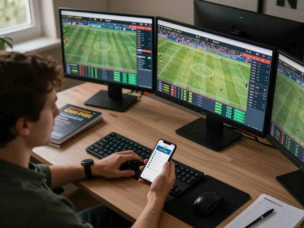 F168 user placing live sports bets on multiple screens in a modern gaming setup.