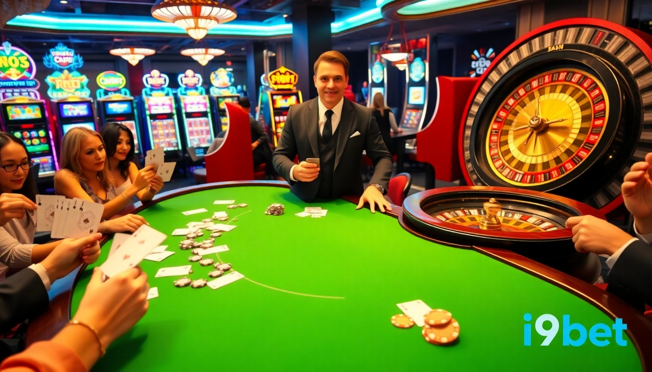Engaged players at an i9bet blackjack table with vibrant casino atmosphere and roulette wheel.