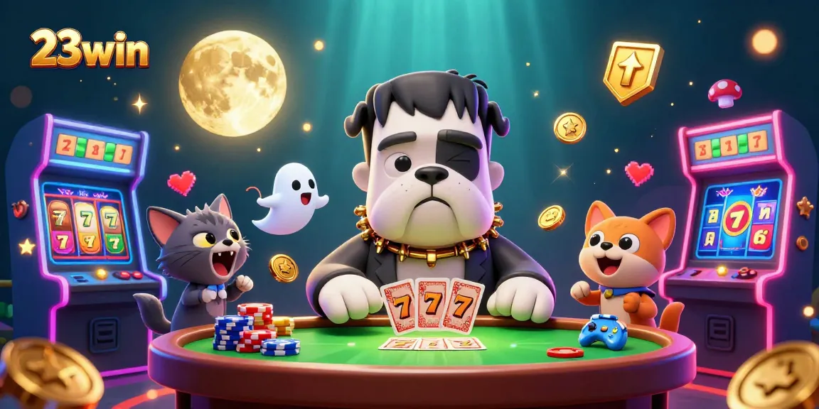 Engage with 23win's thrilling gaming experience featuring a 3D cartoon scene of a dog dealer.