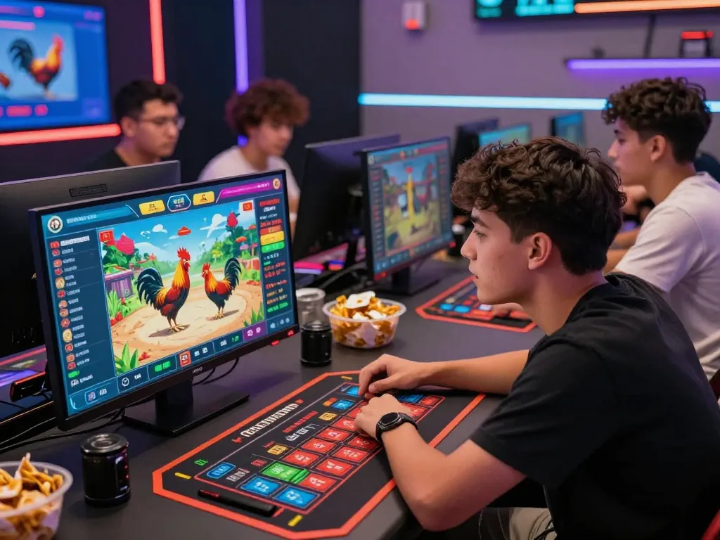 Engaged player at GA179 online betting platform watching live rooster fights with vibrant graphics and dynamic atmosphere.
