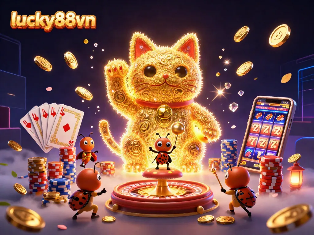 Experience the thrill with lucky88vn's captivating casino atmosphere featuring vibrant symbols and golden elements.