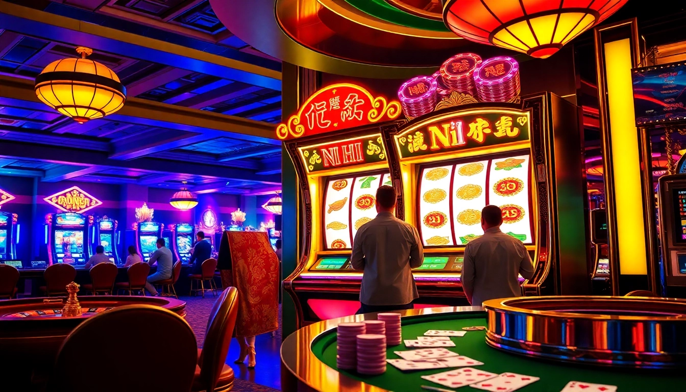 Players enjoying the excitement of nổ hũ at a luxurious casino slot machine.