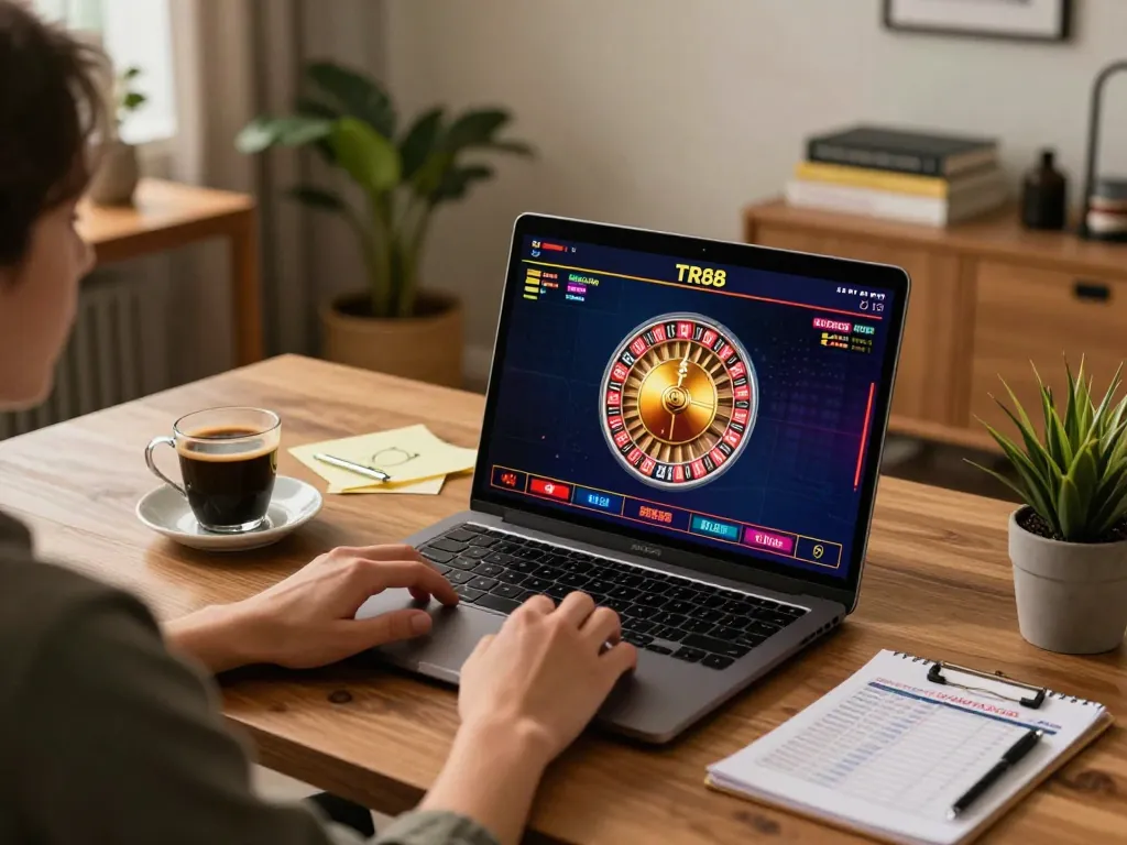 Participating in TR88 online roulette on laptop, showcasing live dealer interaction and strategic environment.