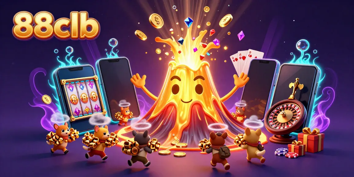 Experience winning at 88clb casino with a golden volcano erupting coins and treasure in a vibrant gaming scene.