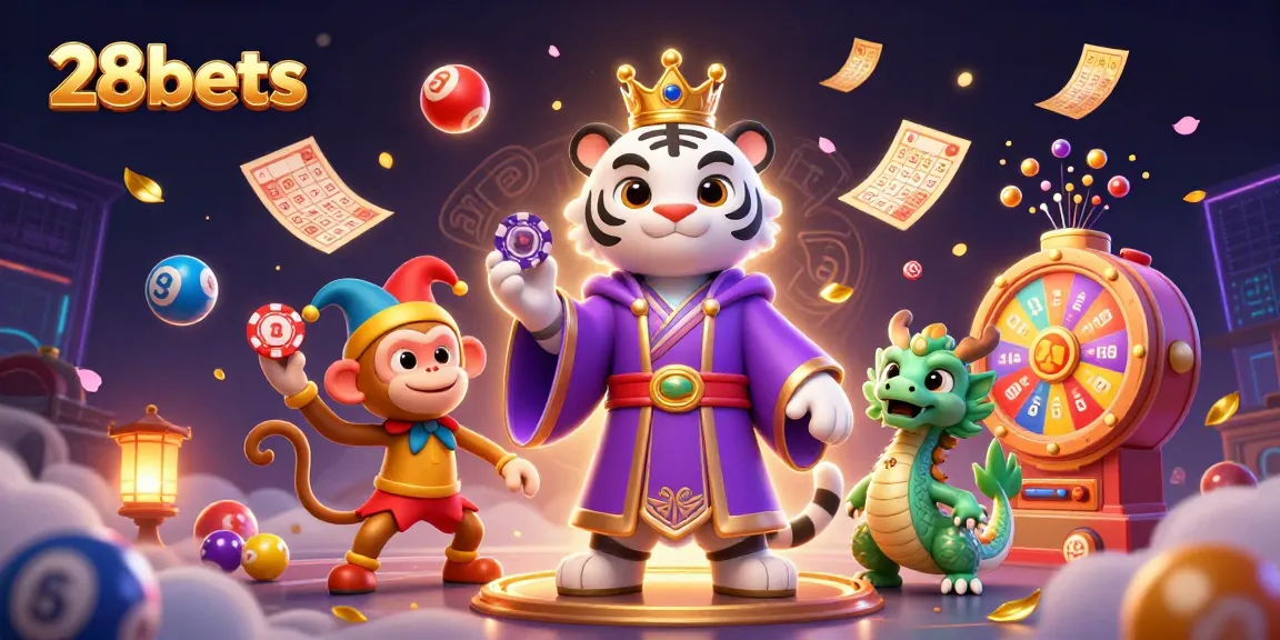 28bets offers a vibrant experience with a playful golden monkey and an elegant tiger amid gambling elements.