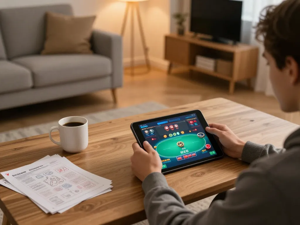 Player enjoys online poker on J188 with strategic notes nearby in a cozy home setting