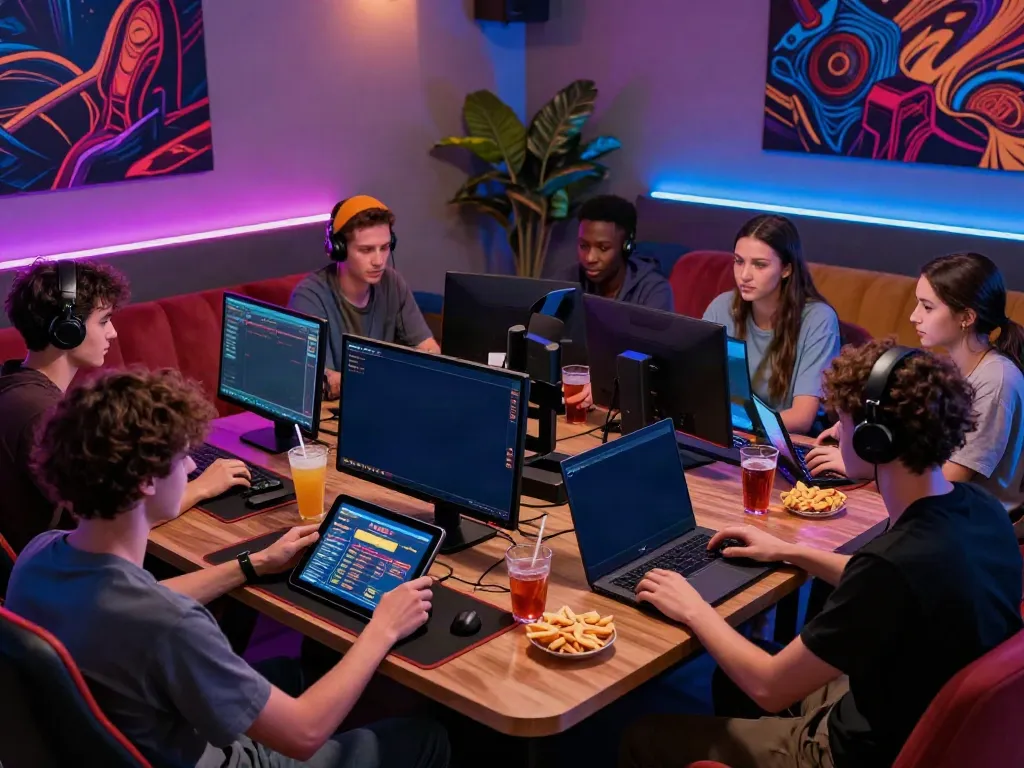Friends enjoying online casinos not on GamStop in a modern gaming lounge with vibrant LED lights.