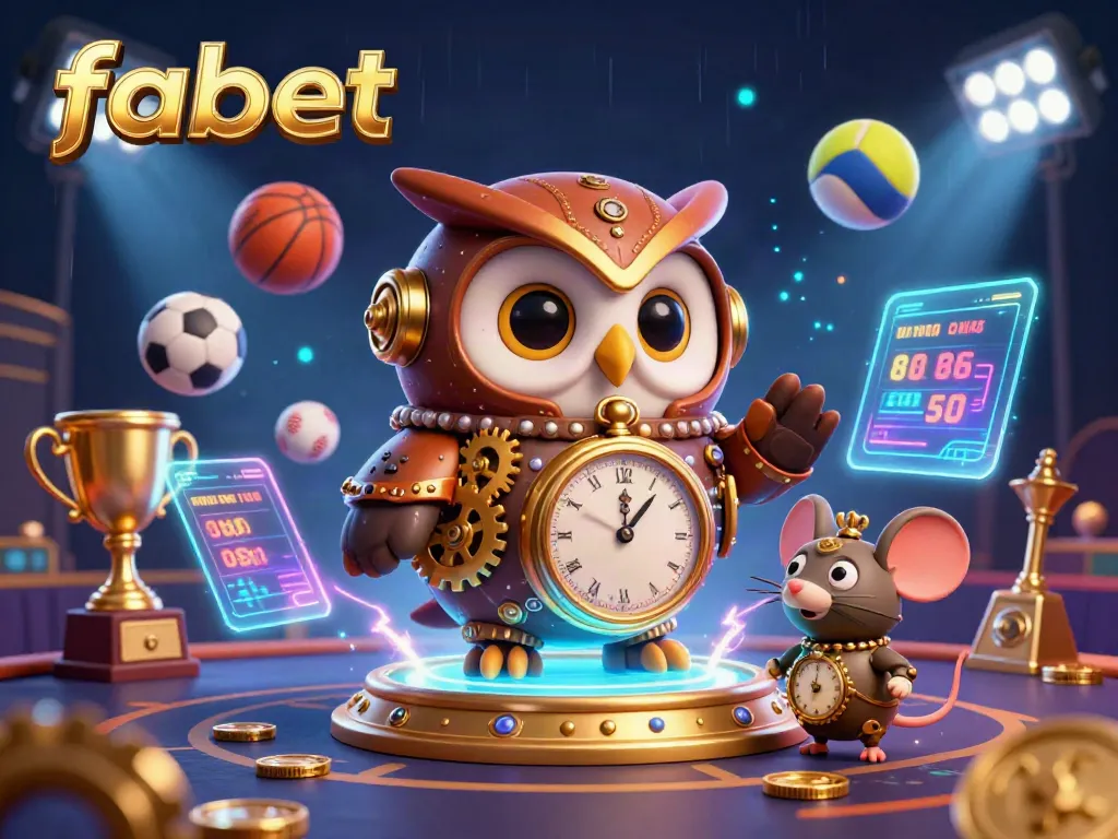 Engage with fabet's thrilling scene featuring a cartoon owl and dynamic sports betting elements.