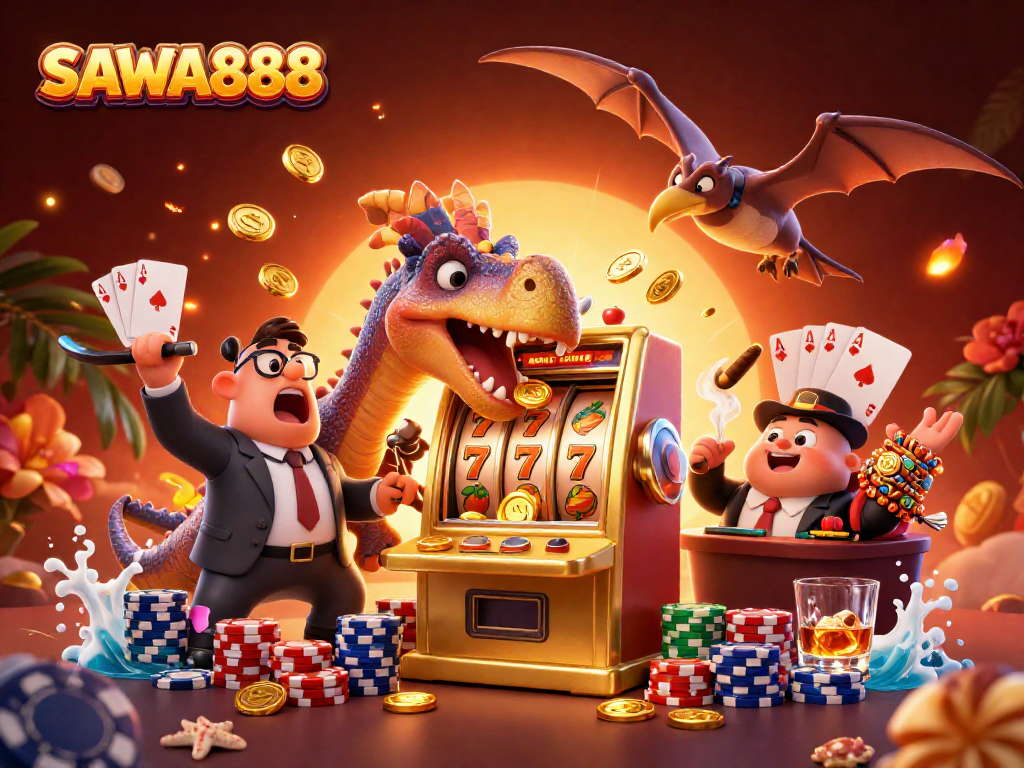 SAWA888 illustration with colorful slot machine and animated dinosaurs in a vibrant casino scene.