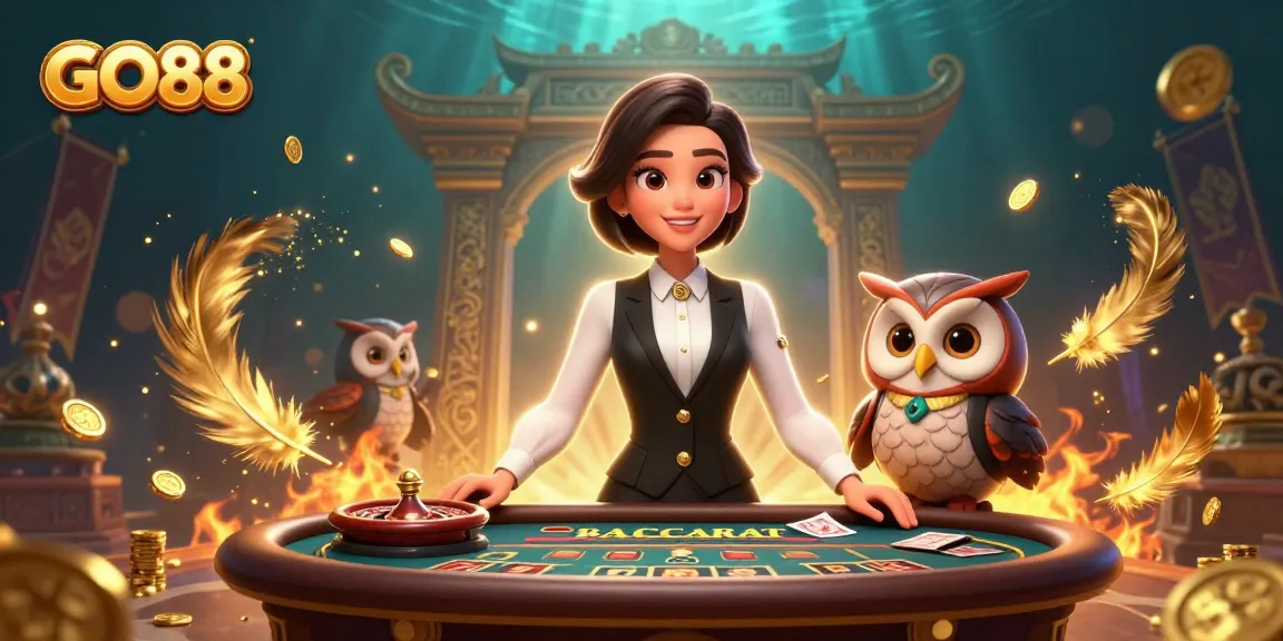 Experience the vibrant world of GO88's exciting casino atmosphere with lively dealers and captivating game elements.