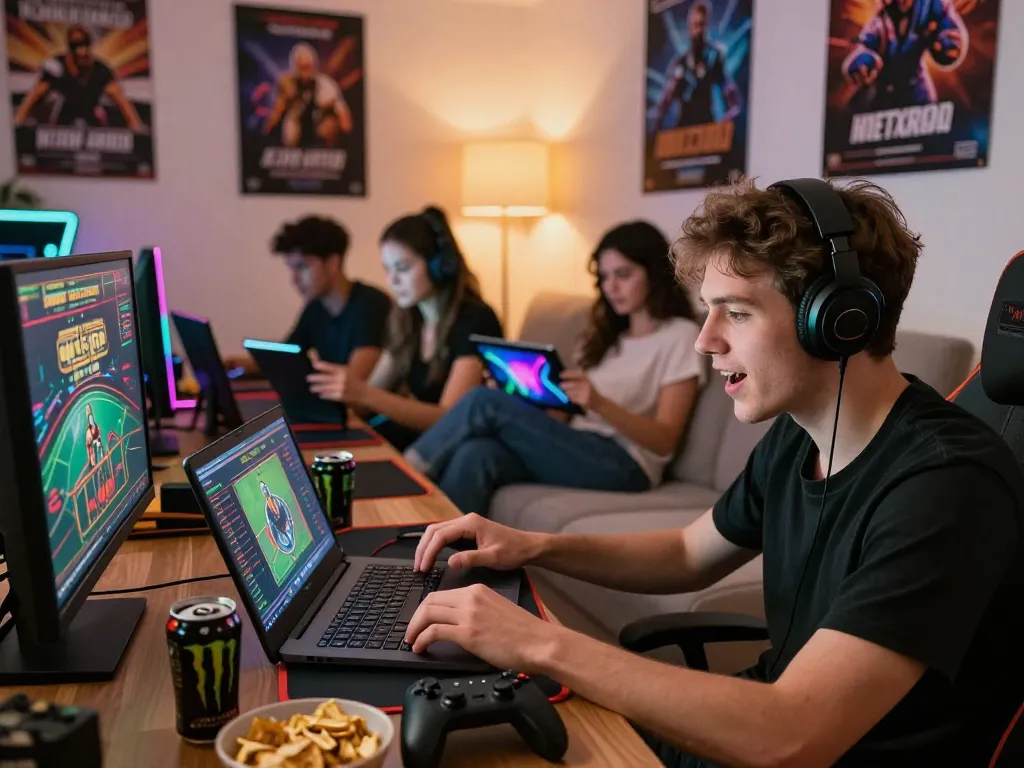Diverse group enjoying V9BET online gaming experience at home with laptops and tablets, colorful lights, and snacks.