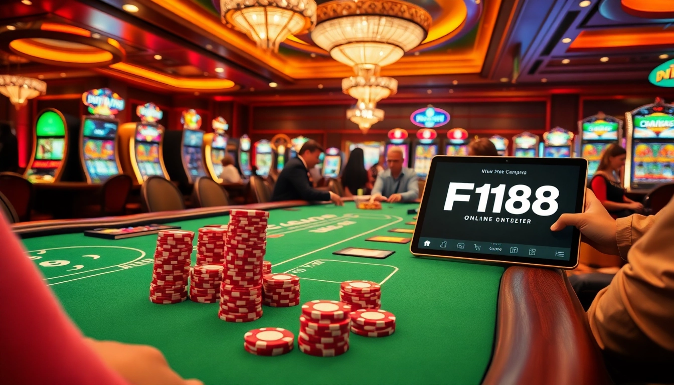 Witness the thrill of F168 with high-stakes poker and dazzling slot machines in an upscale casino.