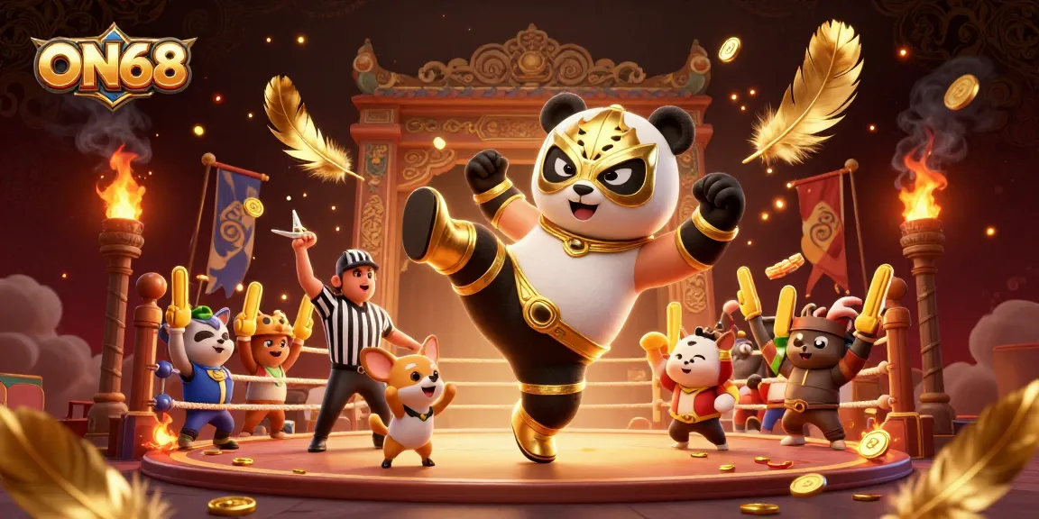Experience vibrant action at ON68 with a flying panda wrestler and cheering fans in a thrilling casino atmosphere.