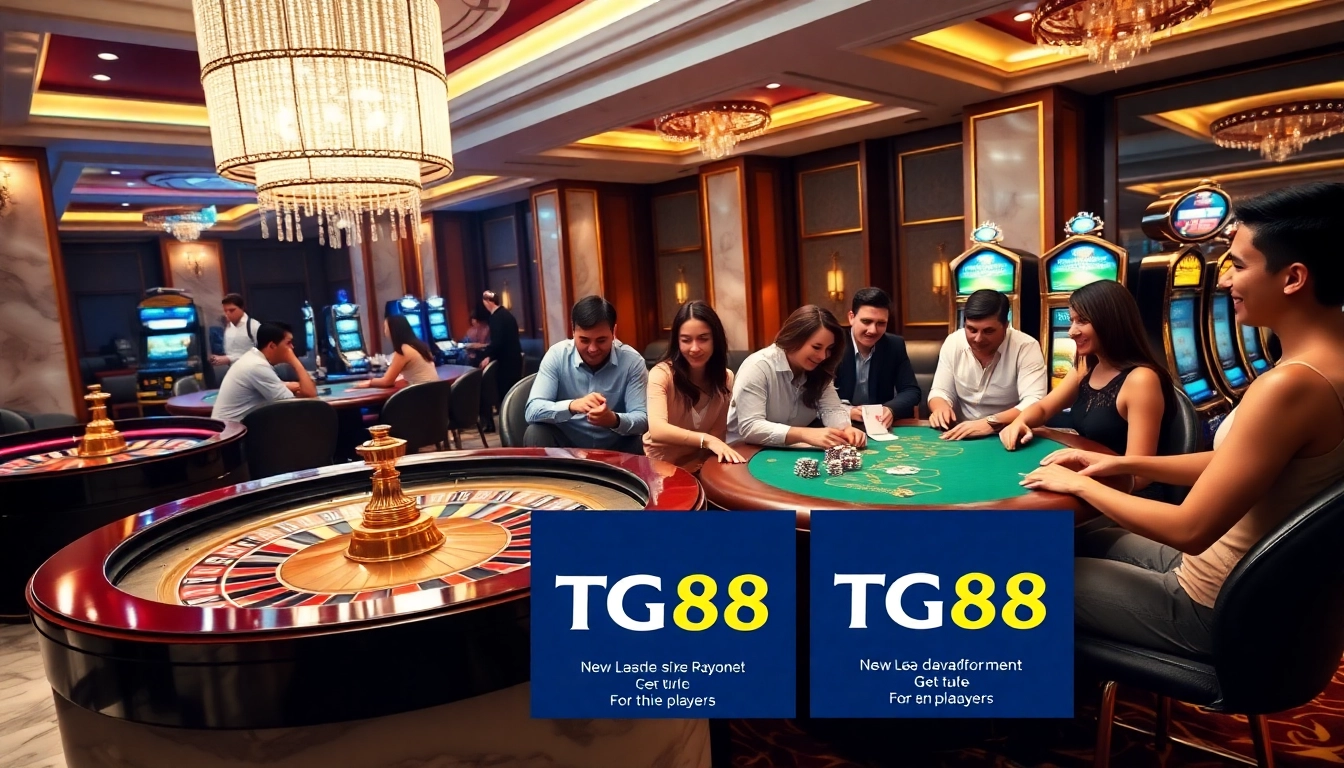 Players enjoying games at TG88 casino, featuring roulette and poker tables in an elegant setting.