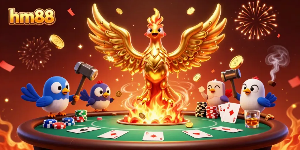 Experience the excitement of hm88 with a cartoon golden phoenix symbolizing prosperity at a poker table.