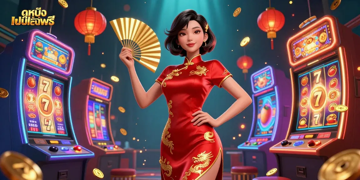 Experience ดูหนังออนไลน์ฟรี with a stunning Asian woman in a dazzling qipao surrounded by casino elements.