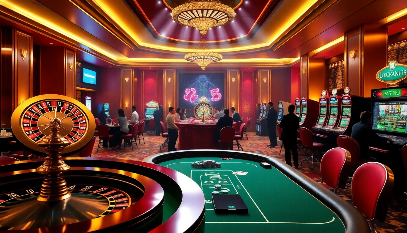 Players enjoy vibrant games at F168.STUDIO's luxurious casino scene with roulette and slot machines.