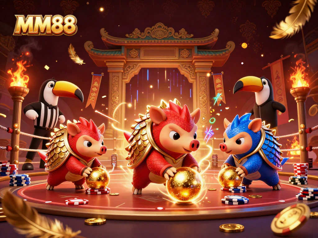 Experience thrilling action at MM88 with rival pangolins bowling through poker chips in a vibrant casino scene.