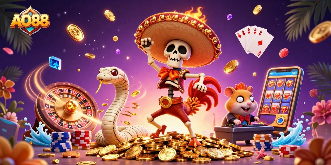 Join the fun at AO88 with vibrant casino elements and charismatic characters celebrating big wins!