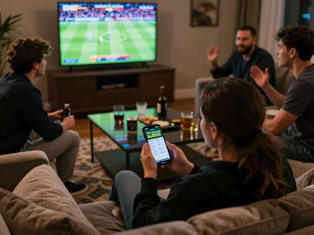 Friends enjoying sports betting on bl5555 app during a live game, creating an exciting atmosphere.