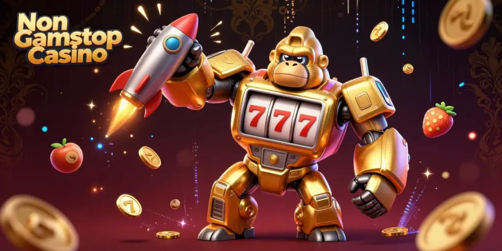 Experience the thrill of Non Gamstop Casino with a 3D golden gorilla mech surrounded by vibrant slot machine elements.