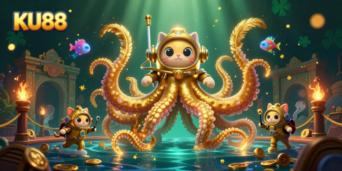 Engage with KU88's thrilling online gaming experience featuring a colossal kaizen, diving cat, and deep-sea life.
