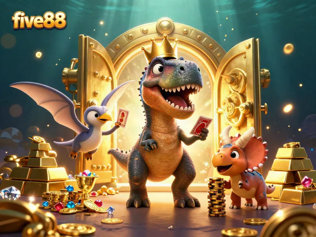 Engaging five88 gaming scene featuring a T-Rex and friends playing cards amidst a treasure vault.