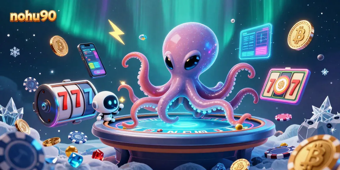 Play exciting games at nohu90 with a vibrant 3D alien casino scene featuring chips and crypto coins.