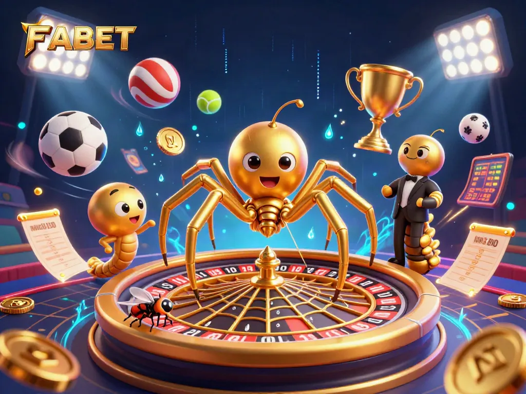 FABET offers thrilling bets on a vibrant scene with a golden spider and sports elements.