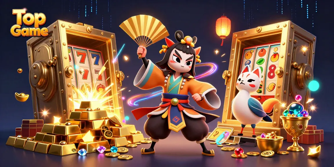 Top Game features vibrant 3D kabuki characters with slot machine elements, capturing casino excitement.