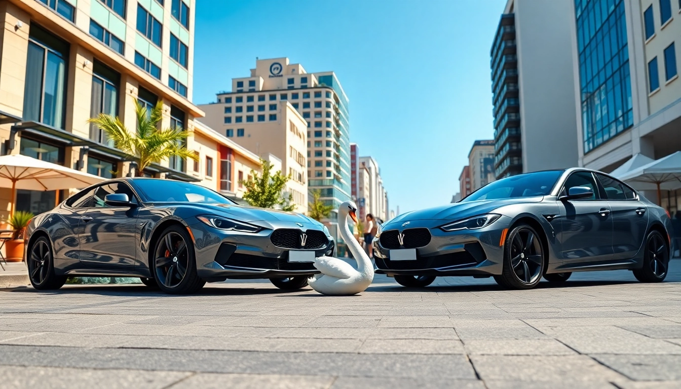 Spotlight on Swan Cars showcasing their sleek design outside a modern urban backdrop.