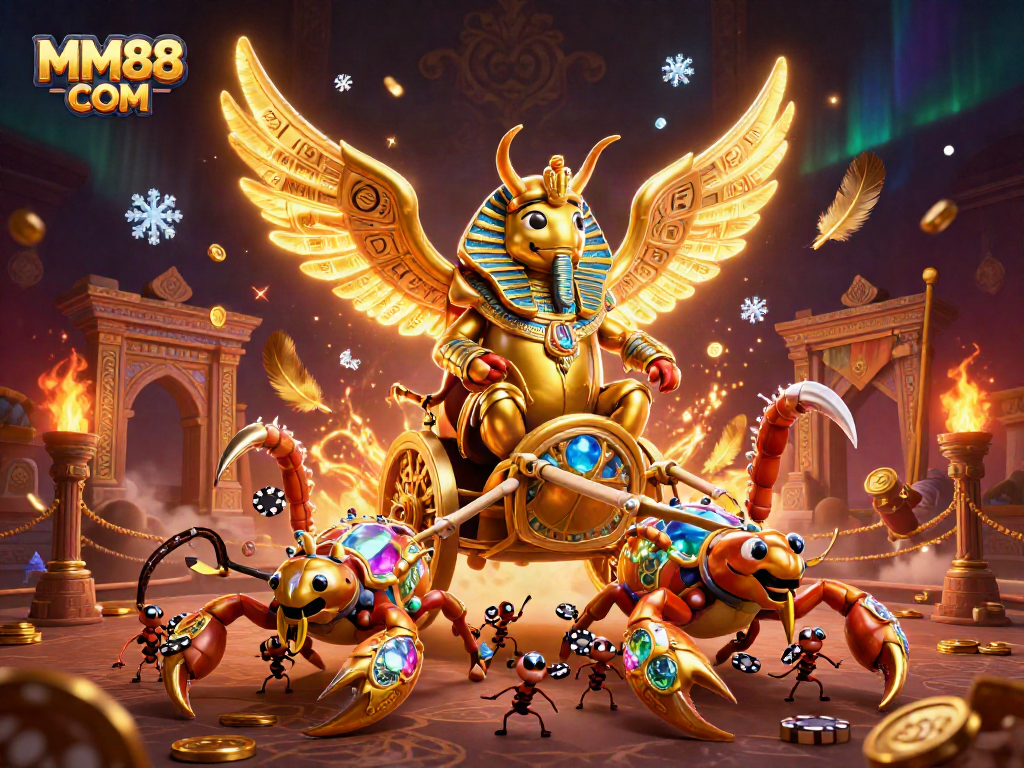 Experience excitement with MM88 COM as colossal scarab beetle rides into battle amid rich casino elements.