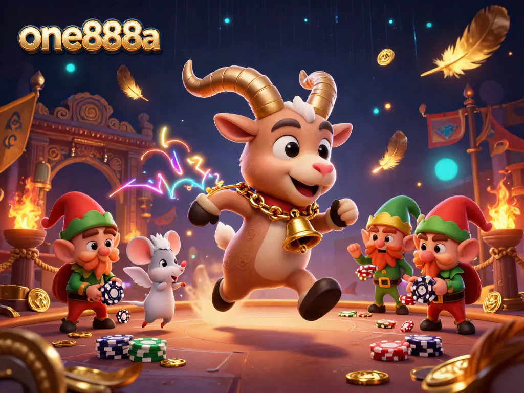 Experience thrilling gameplay at one888a with festive Krampus goat managing a vibrant casino atmosphere.