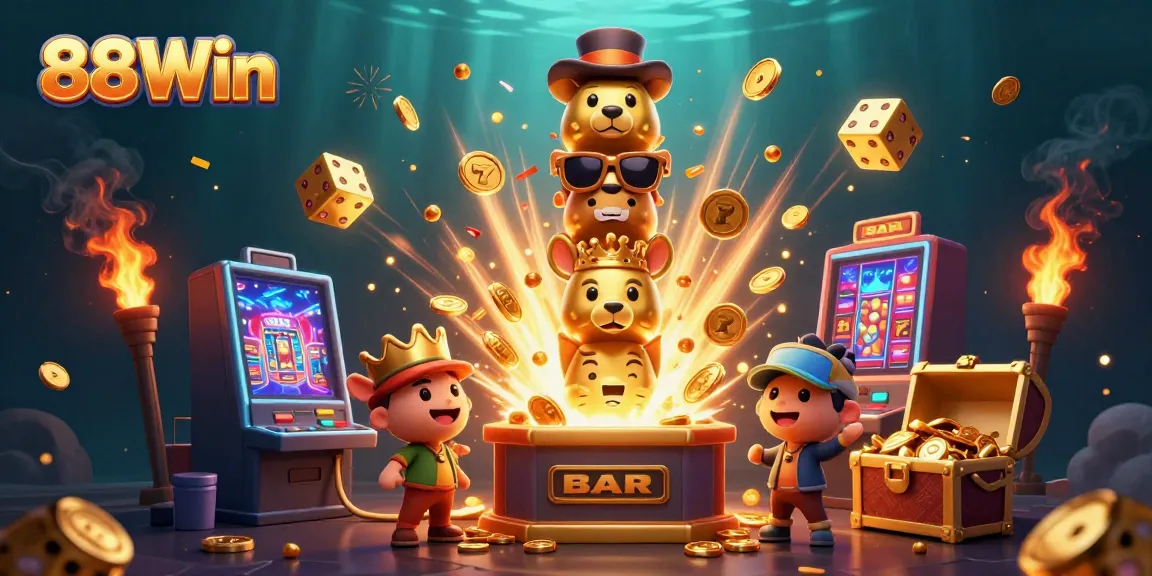 Engage in exhilarating casino action at 88Win with vibrant games, slot machines, and a lively totem pole.