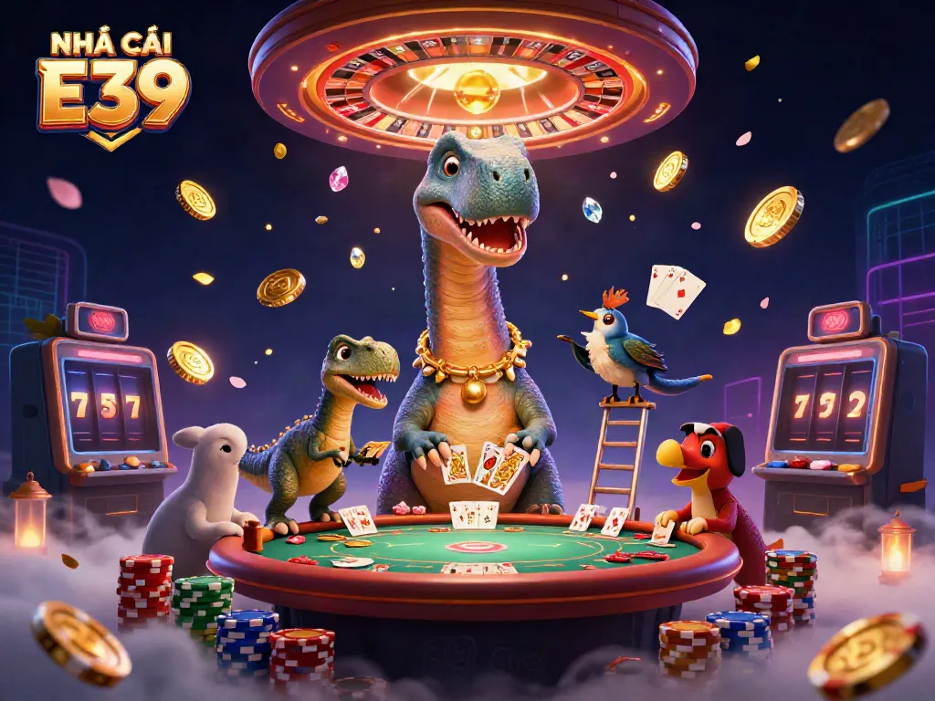 Engage with thrilling games at NHÀ CÁI E39 featuring tall brontosaurus, raptor dealer, and vibrant casino elements.