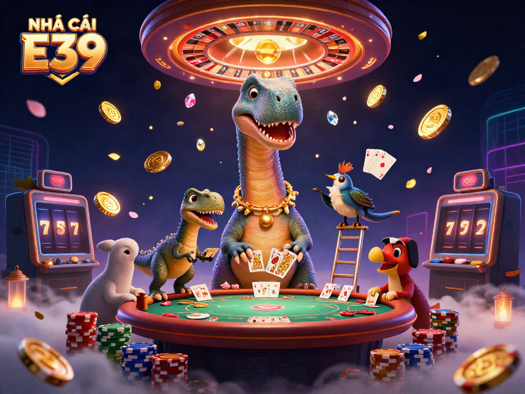 Engage with thrilling games at NHÀ CÁI E39 featuring tall brontosaurus, raptor dealer, and vibrant casino elements.