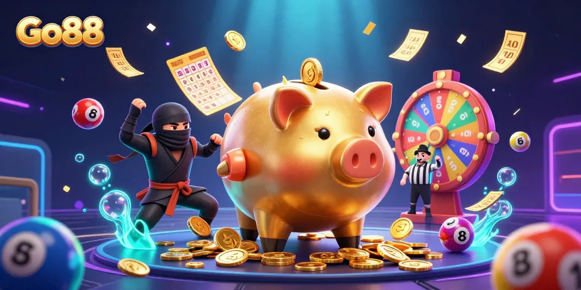 Go88 features a golden piggy bank sumo wrestler shaking coins while a ninja and referee engage in a vibrant casino scene.