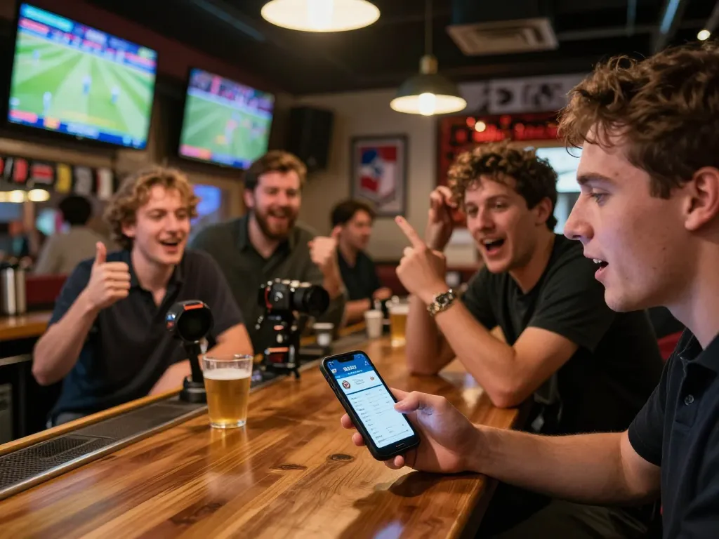 Sbo top sports bettor excitedly using app in a vibrant sports bar atmosphere.
