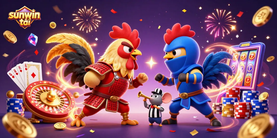 Experience thrilling gameplay with sunwin tải as roosters battle in an energetic casino scene.